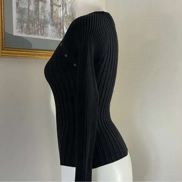 August Silk Petite PS Black Ribbed Sweater Gold Buttons Long Sleeve Y2K Preppy - Picture 4 of 9